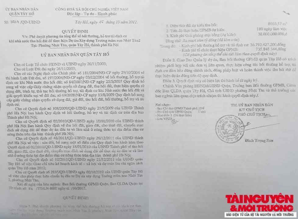 Ngày 24/10/2012, UBND quận Tây Hồ ban hành Quyết định 3122/QĐ-UBND do ông Nguyễn Phúc Quang - Chủ tịch UBND quận ký phê duyệt dự án đầu tư xây dựng trường mầm non Nhật Tân 2.