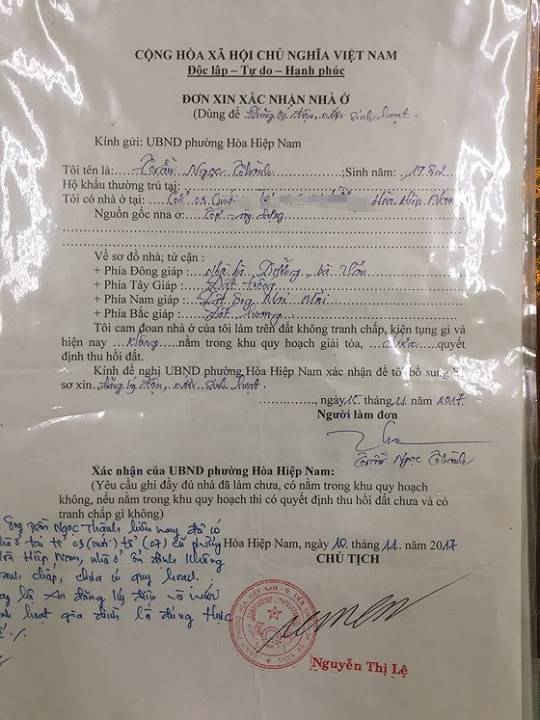 Đơn xin xác nhận nhà ở của ông Trần Ngọc Thành được xác nhận là bị giả mạo chữ ký của Chủ tịch UBND phường