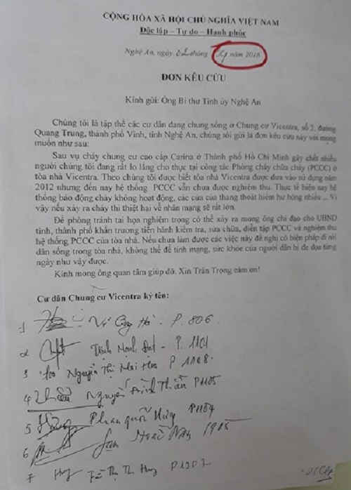 Một trong những “đơn kêu cứu” của hộ dân sinh sống bên trong toà nhà VICENTRA gửi Bí thư Tỉnh ủy Nghệ An
