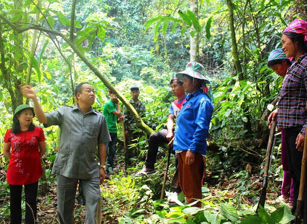 Bà con dân bản Tả Ló San vui mừng đón đoàn công tác của Quỹ chi trả DVMT rừng và cán bộ huyện Mường Nhé tại cánh rừng của bản trông coi.