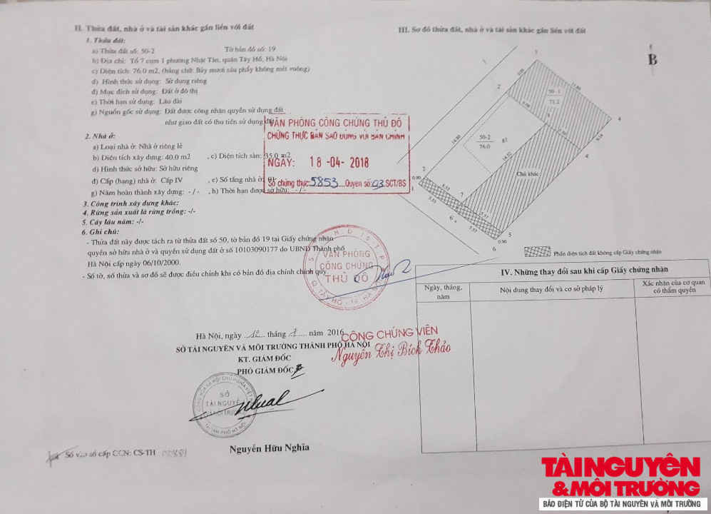 Giấy chứng nhận quyền sử dụng đất của nhà bà Trần Thị Thu Lan do Sở Tài nguyên và Môi trường Hà Nội cấp.