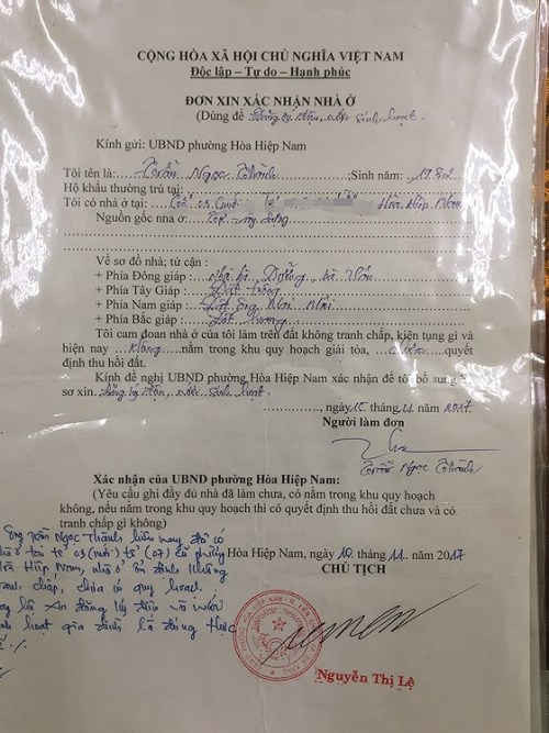 Đơn xác nhận nhà ở của ông Trần Ngọc Thành được cho là bị ông Nguyễn Hoàng Nguyên, cán bộ Tư pháp - Hộ tịch của phường Hoà Hiệp Nam làm giả chữ ký của Chủ tịch phường