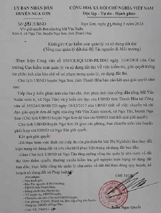 Văn bản giải quyết, trả lời Báo của UBND huyện Nga Sơn.