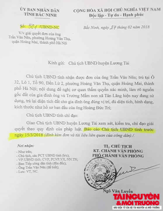 Văn bản UBND tỉnh Bắc Ninh gửi Chủ tịch UBND huyện Lương Tài.
