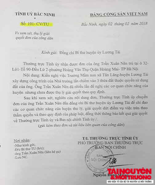 Thường trực Tỉnh ủy Bắc Ninh yêu cầu xử lý dứt điểm đơn thư của ông Trần Xuân Nên.