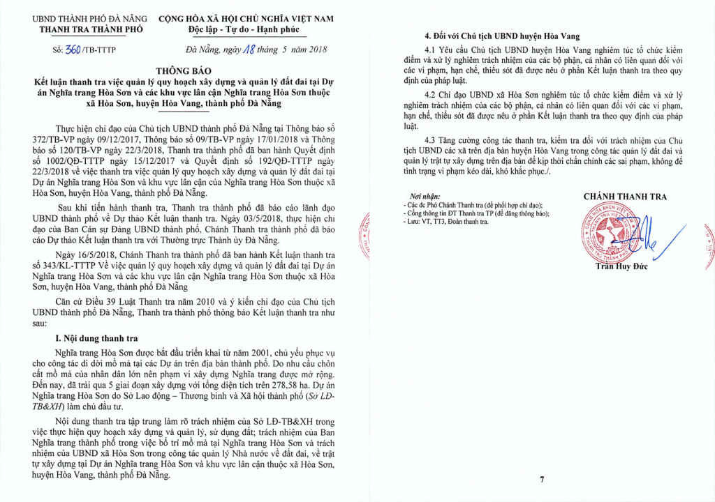 Kết luận thanh tra đã nêu ra nhiều sai phạm tại Dự án Nghĩa trang Hòa Sơn, xã Hòa Sơn, huyện Hòa Vang, TP. Đà Nẵng