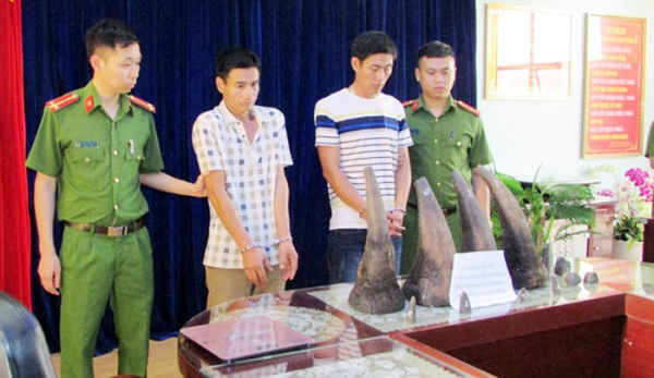 Hai đối tượng Dương Văn Thành và Dương Văn Sang cùng 4 chiếc sừng tê giác tại cơ quan Công an.