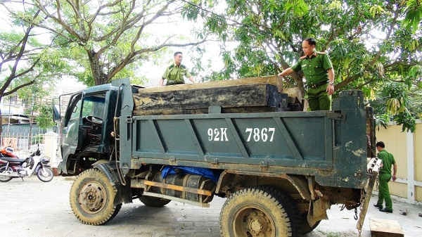 Xe ô tô tải vận chuyển số lượng lớn gỗ trái phép.