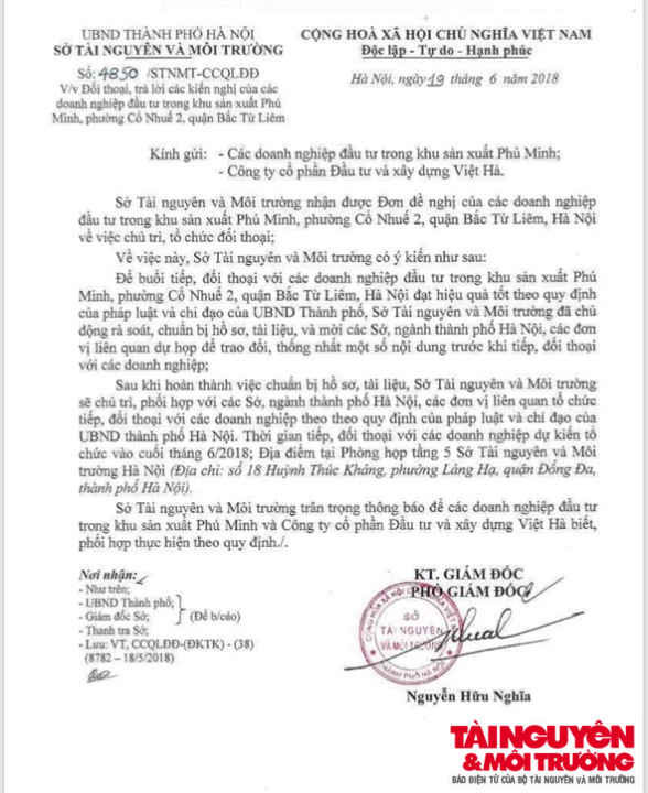 Văn bản số 4850 ngày 19 6 2018 của Sở Tài nguyên HN về lịch đối thoại với các DN tại Cụm CN Phú Minh