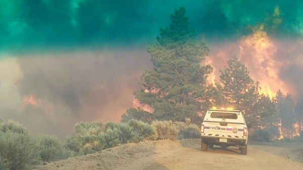 Ngọn lửa bùng phát từ một rặng cây gần chiếc xe cứu hỏa trong khi lực lượng cứu hỏa đang cố gắng dập tắt đám cháy Spring Creek tại Quận Costilla, Colorado, Mỹ vào ngày 27/6/2018. Ảnh: Cảnh sát Hạt Costilla