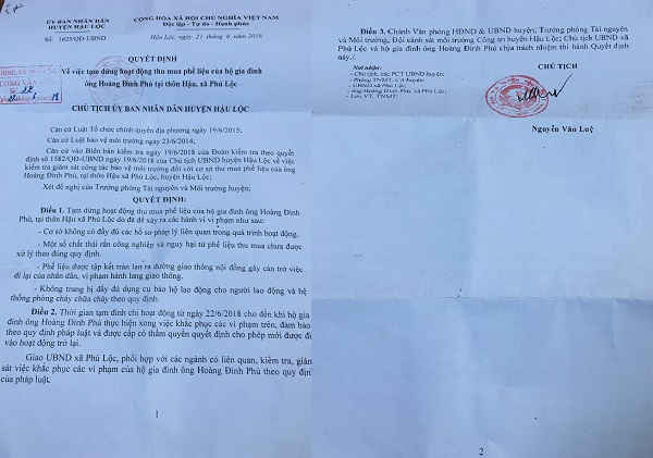 Quyết định của UBND huyện Hậu Lộc về việc đình chỉ hoạt động thu mua phế liệu của hộ gia đình Ông Hoàng Đình Phú.