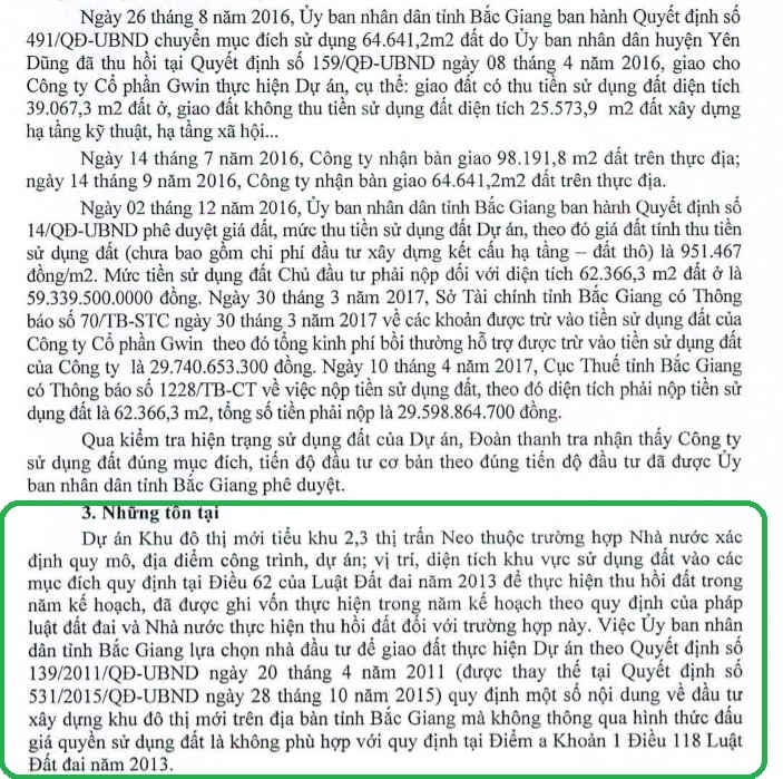 Theo Kết luận thanh tra của Bộ Tài nguyên và Môi trường, việc UBND tỉnh Bắc Giang giao đất để thực hiện dự án Khu đô thị mới tiểu khu 2,3 thị trấn Neo, huyện Yên Dũng ( tên thương mại là Gwin Garden) không thông qua hình thức đấu giá quyền sử dụng đất là không đúng Luật Đất đai 2013...