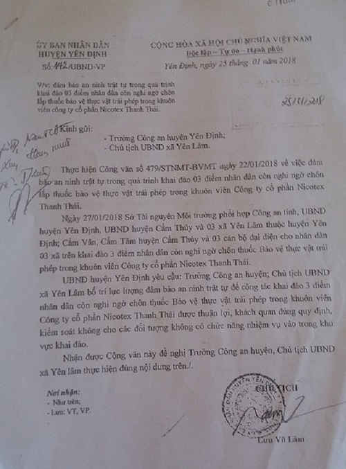 Thông báo của Chủ tịch UBND huyện Yên Định để đảm bảo an ninh trong ngày khai quật diễn ra vào 27/01/2018.