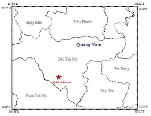 Tâm chấn trận động đất 3,7 độ Richter xảy ra ở huyện Bắc Trà My rạng sáng 28/7.
