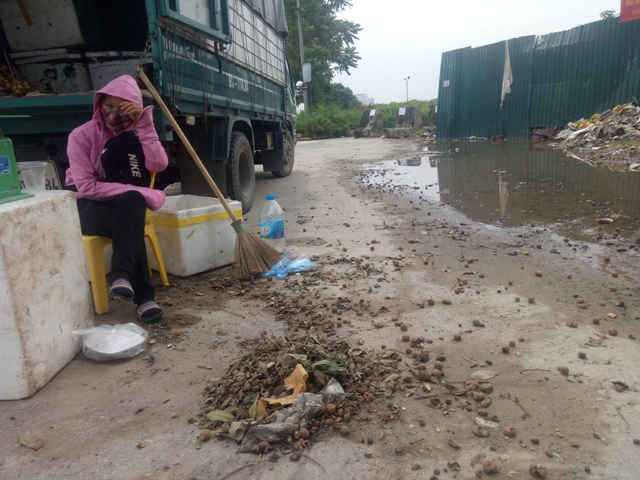 Rác thải, vỏ hoa quả trái cây được xử bừa bãi ngay dưới lòng đường gom Đại lộ Thăng Long