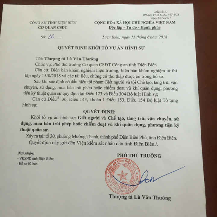 Quyết định khởi tố vụ án hình sự của Công an tỉnh Điện Biên