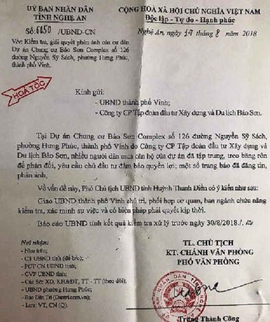 Văn bản “hỏa tốc” của UBND tỉnh Nghệ An yêu cầu kiểm tra vụ việc, báo cáo trước ngày 30/8/2018