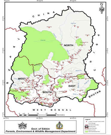 Tỷ lệ xung đột giữa con người và động vật hoang dã ở Sikkim được mô tả trên bản đồ. Các chấm đỏ biểu thị các khu vực xung đột giữa con người và động vật hoang dã. Nguồn: ENVIS Sikkim Bản tin hàng quý 2016-17, Tập 9, Số phát hành 3