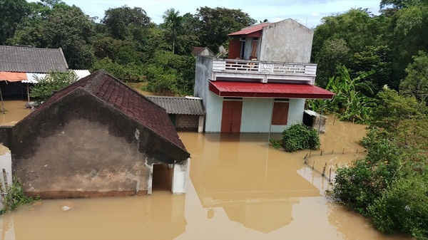 Nhiều ngôi nhà ở xã Thạch Định, huyện Thành Thành bị ngập sâu trong nước lũ.