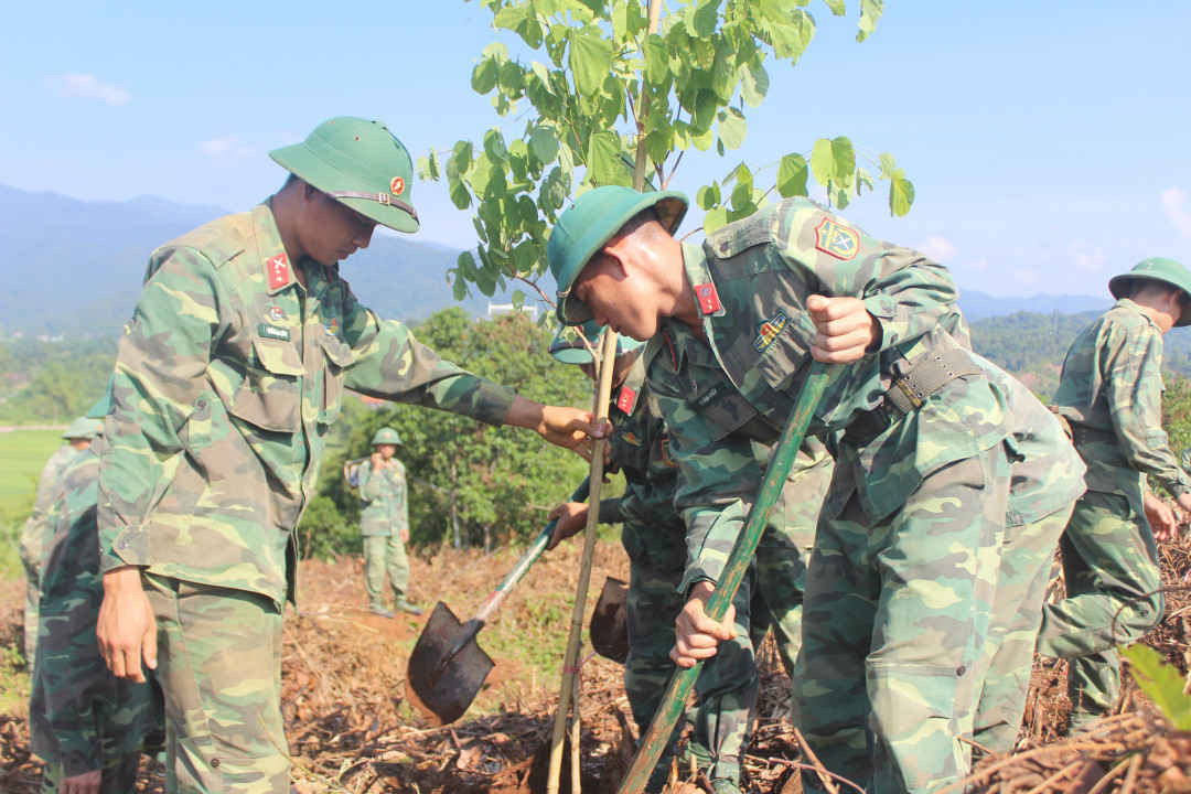 Các chiến sĩ Trung đoàn 82 tham gia trồng cây tại Lễ phát động
