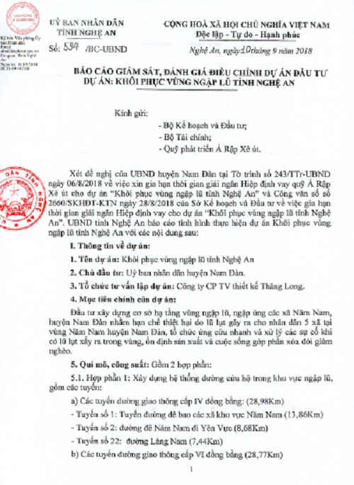 Văn bản xin gia hạn thời gian giải ngân của UBND tỉnh Nghệ An