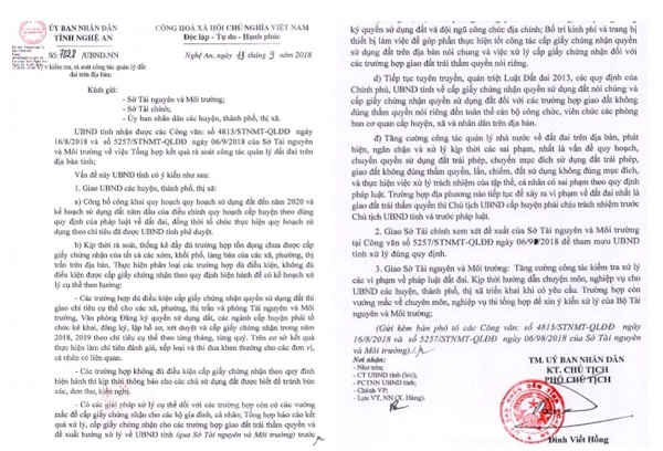 Văn bản yêu cầu kiểm tra, rà soát công tác quản lý đất đai trên địa bàn tỉnh Nghệ An