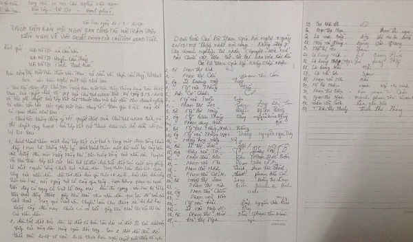 Biên bản Hội nghị Mặt trận thôn và chữ ký của 73 hộ không đồng ý cấp mỏ cát tại xã Cẩm Vân