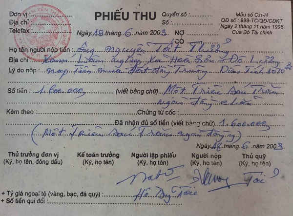 Phiếu thu tiền mua đất của UBND xã Mỹ Thành của ông Nguyễn Tất Thưởng