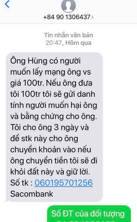 Tin nhắn mà ông Hùng nhận được từ số điện thoại lạ