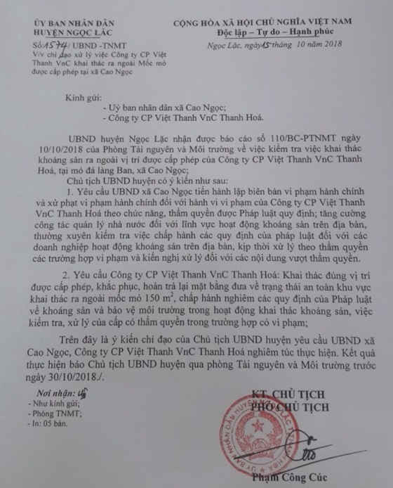 Công văn của UBND huyện Ngọc Lặc chỉ đạo xử lý việc công ty Việt Thanh khai thác ra ngoài mốc mỏ được cấp phép