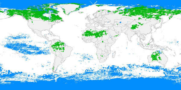 Bản đồ của vùng hoang dã còn lại của thế giới. Màu xanh lá cây tượng trưng cho vùng hoang dã trên đất liền, còn màu xanh da trời đại diện cho vùng hoang dã của đại dương. Ảnh: Nature