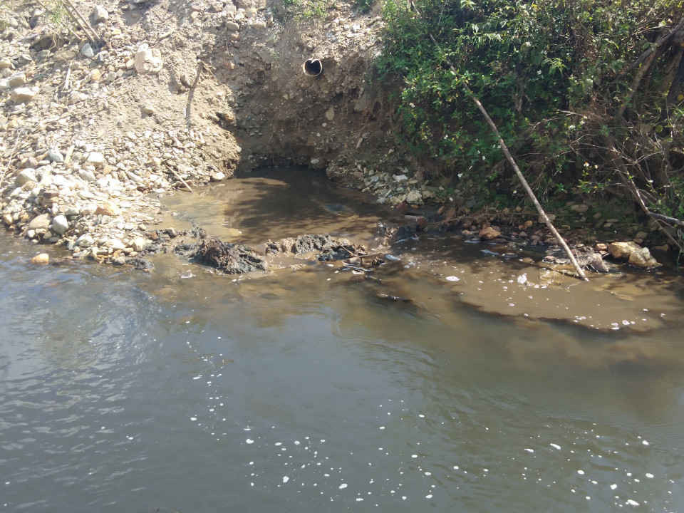 Dù đã chảy qua 5 bể chứa nhưng nước thải ra suối từ xưởng sơ chế dong riềng ở bản Huổi Hạ 2, xã Nà Tấu vẫn đục ngầu