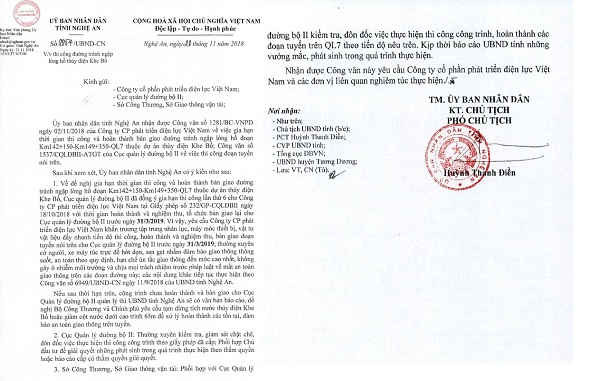 “Tối hậu thư” của UBND tỉnh Nghệ An yêu cầu hoàn thành và ngiệm thu, tổ chức bàn giao lại tuyến nói trên cho Cục quản lý đường bộ II trước ngày 31/3/2019 nếu không sẽ đề nghị tạm dừng tích nước