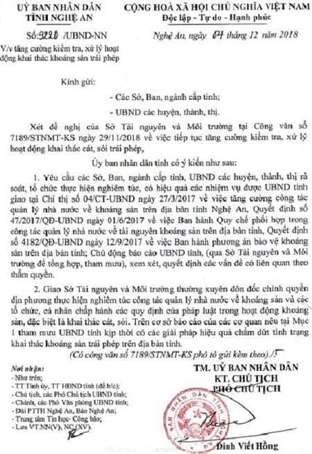 UBND tỉnh Nghệ An chỉ đạo tăng cường kiểm tra, xử lý hoạt động khai thác khoáng sản trái phép