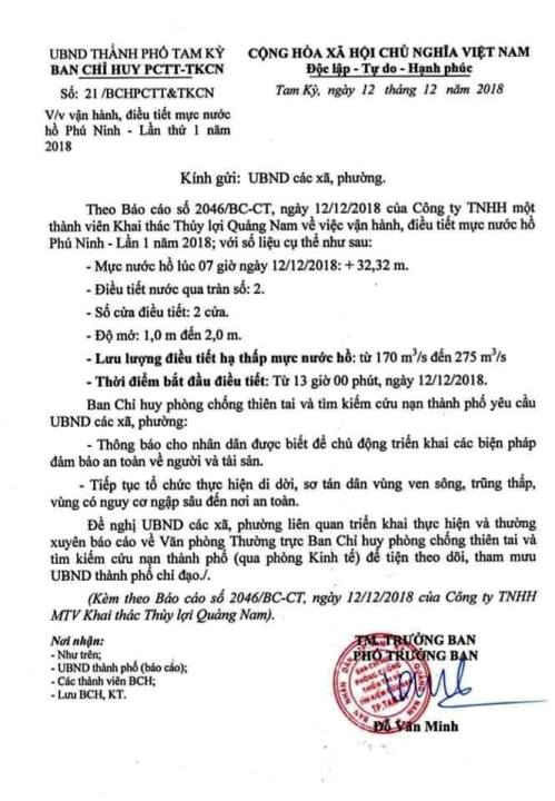 Công văn của Ban Chỉ huy PCTT-TKCN TP. Tam Kỳ thông báo về việc điều tiết nước Hồ Phú Ninh