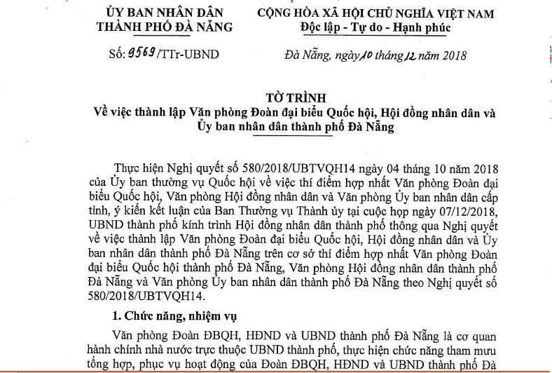 Tờ trình số 9569/TTr-UBND về việc thành lập văn phòng đoàn ĐBQH, HĐND và UBND TP. Đà Nẵng