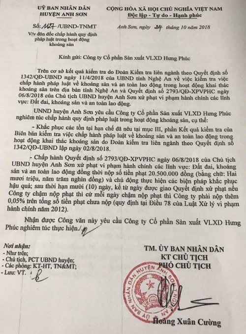 Văn bản đôn đốc Công ty Hưng Phúc chấp hành quy định của pháp luật trong hoạt động khai thác khoáng sản của UBND huyện Anh Sơn