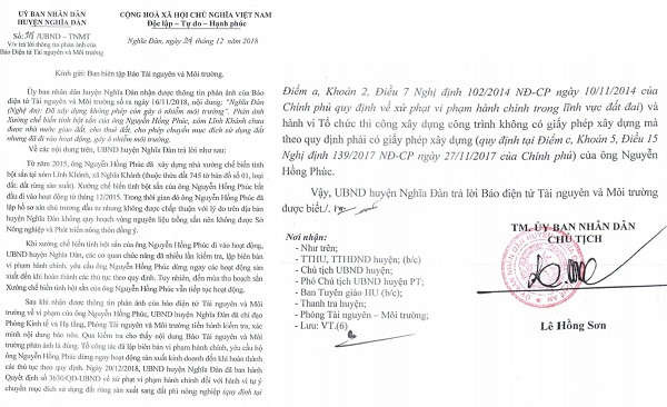 Công văn trả lời Báo TN&MT của UBND huyện Nghĩa Đàn