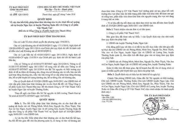 Quyết định thu hồi của UBND tỉnh Thanh Hóa đối với Công ty CP Việt Thanh VnC
