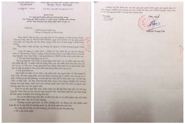 Báo cáo của UBND xã Thọ Bình về tình trạng ô nhiễm ở cơ sở chăn nuôi vịt nhà ông Nguyễn văn Tính