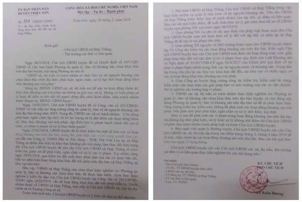 Công văn chỉ đạo của UBND huyện Triệu Sơn về khai thác đất trái phép tại xã Hợp Thắng