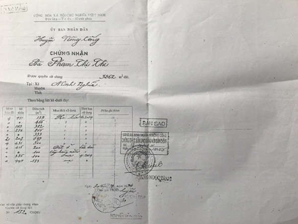 Giấy chứng nhận quyền sử dụng đất mang tên bà Thi , thuộc thửa số 415, tờ bản đồ 04 (bản đồ địa chính 299) được UBND huyện Nông Cống cấp ngày 30/04/1994.