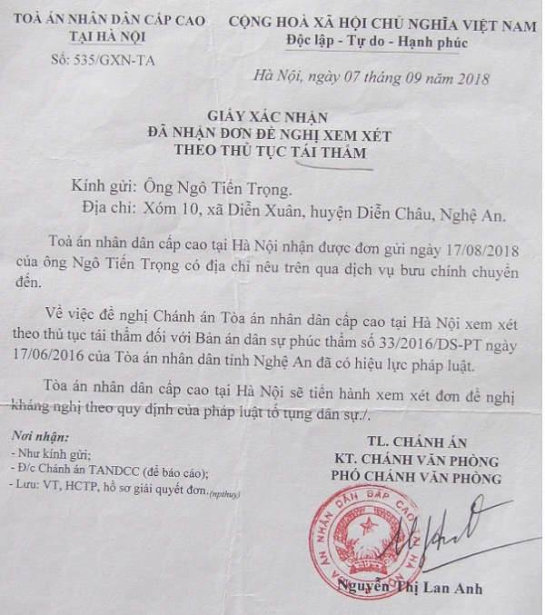 Giấy xác nhận nhạn đơn xem xét theo thủ tục tái thẩm của Tòa án nhân dân cấp cao tại Hà Nội
