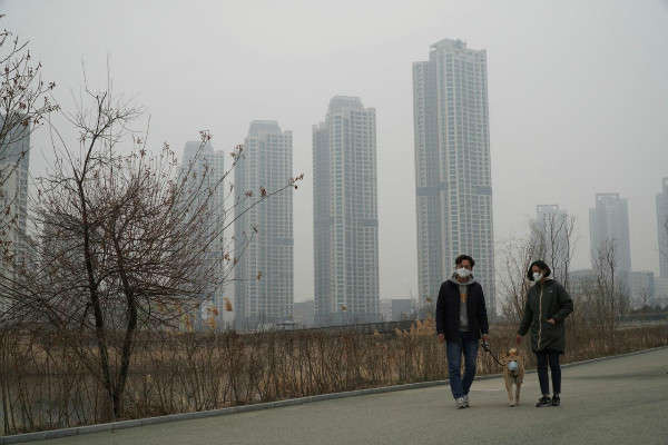 Cả người và chú chó đều đeo khẩu trang khi đi dạo trong một ngày ô nhiễm không khí ở Incheon, Hàn Quốc vào ngày 15/3/2019. Ảnh: Hyun Young Yi