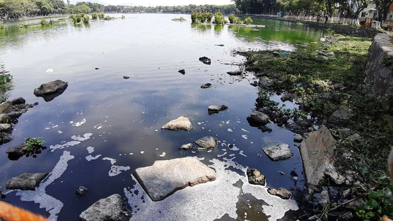 Tại khu vực cống xả có đập tràn nối từ đường Nguyễn Văn Linh vào hồ của công viên, nước thải đen ngòm và sủi bọt chảy ào ạt ra hồ