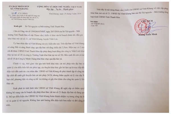 Công văn của xã Vĩnh Khang không đồng ý cấp phép khai thác mỏ cát số 21 vì sạt lở