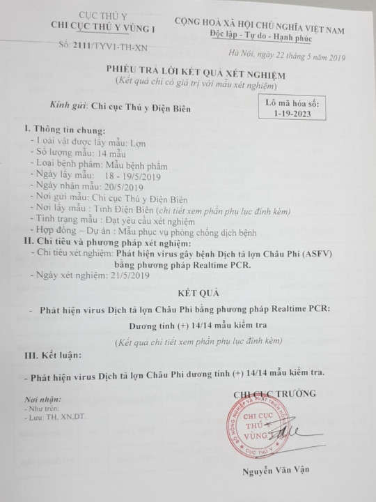 Phiếu trả lời kết quả xét nghiệm của14/14 mẫu vật phẩm của huyện Nậm Pồ gửi về xét nghiệm đều dương tính với virut dịch tả lợn Châu Phi.