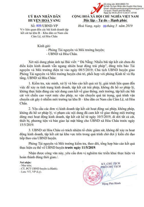 Công văn số 809/UBND-VP ngày 09/5/2019 của UBND huyện Hòa Vang 
