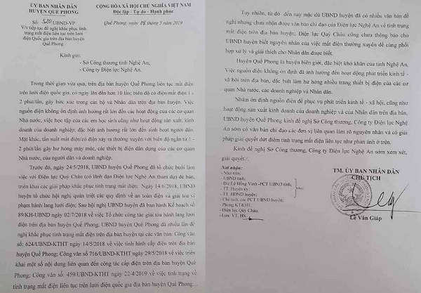 Văn bản kiến nghị mới nhất của UBND huyện Quế Phong về tình trạng mất điện