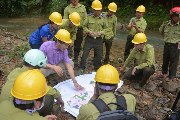 Giảng viên và học viên thực hành khai thác tác động thấp ở hành lang ven suối rừng phòng hộ Lang Chánh, Thanh Hóa.